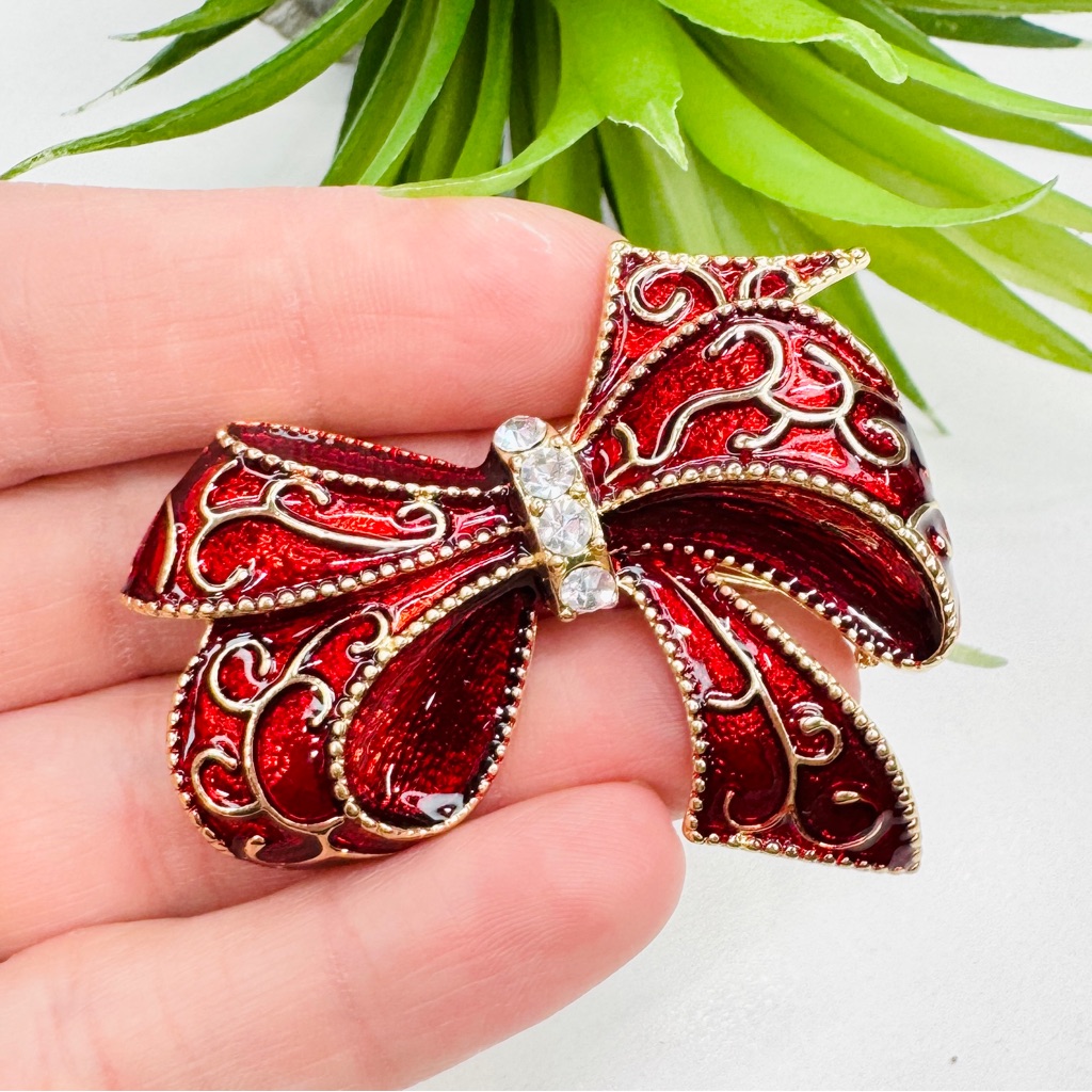 Vintage 90s Monet Red Enamel Clear Rhinestone Gold Tone Filigree Bow Brooch 30$